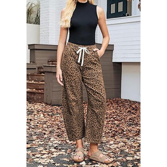 Women Baggy Cheetah Print Barrel Jeans Wide Leg Drawstring Casual - Picture 4 of 6